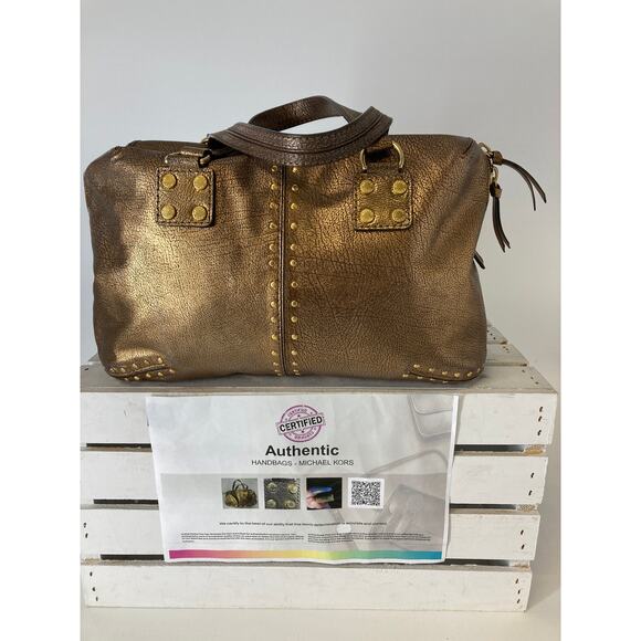 MICHAEL KORS  GOLD STUDS, GOLD METALIC LEATHER LARGE HANDBAG - Picture 1 of 16